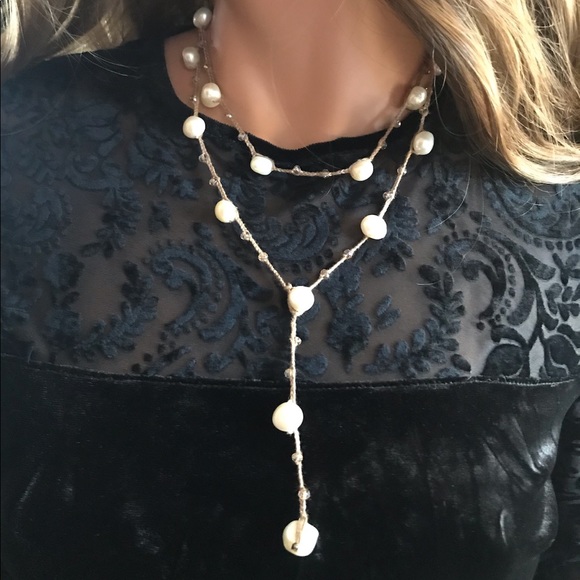 Baroque Pearl & Crystal Crochet Long Necklace - Picture 3 of 8